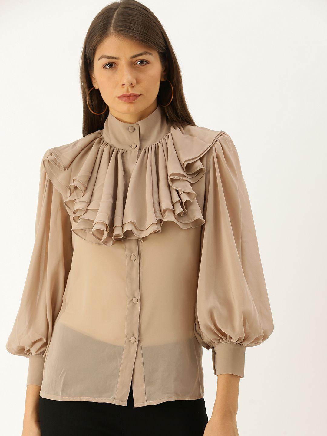 mabish by sonal jain women taupe solid high neck with ruffle sheer shirt style top