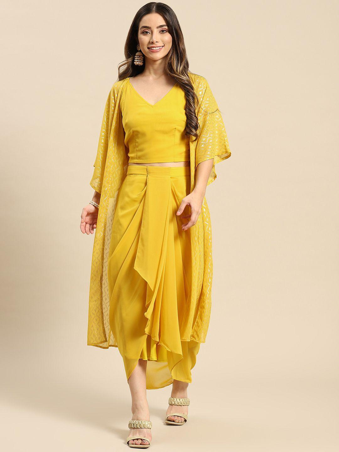 mabish by sonal jain women yellow printed crop top with draped skirt