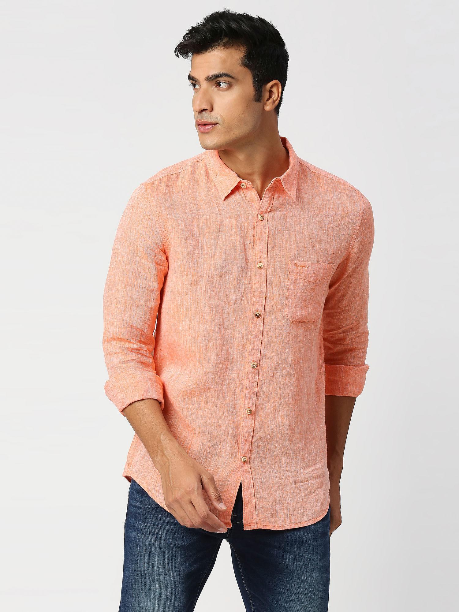 mac full sleeves red pure linen chambray casual shirt