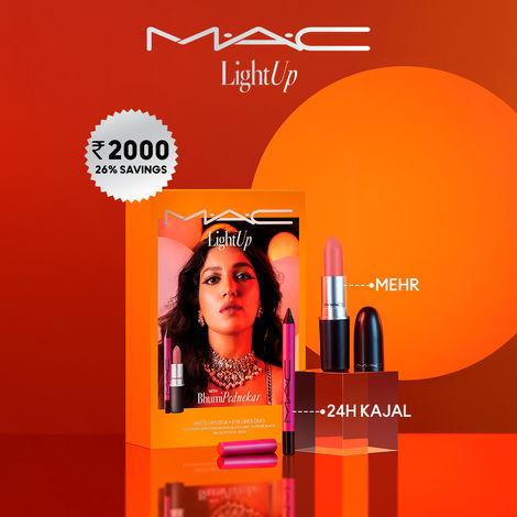 mac cosmetics light up with bhumi pednekar matte lipstick + eye liner duo