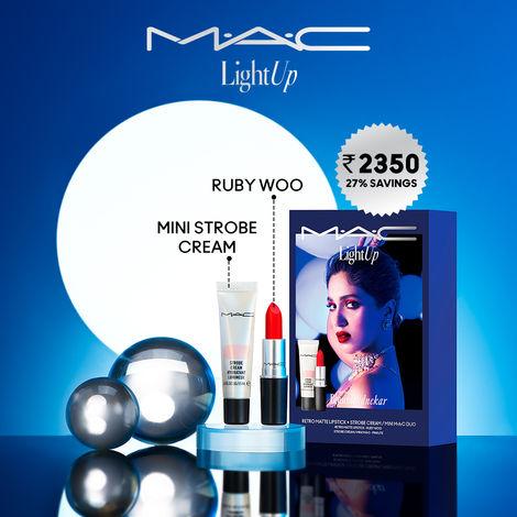 mac cosmetics light up with bhumi pednekar retro matte lipstick + strobe cream / mini m.a.c duo - 3g + 15ml