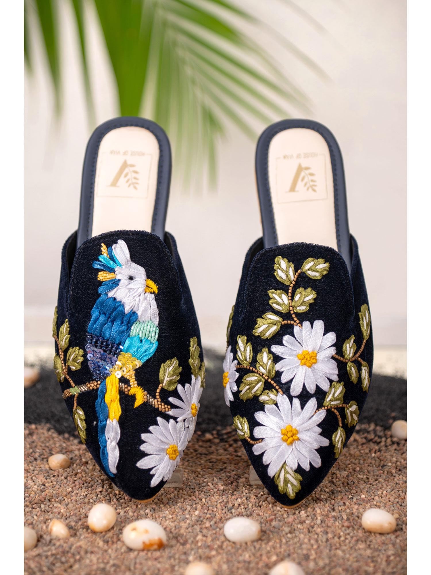 macaw embroidered mule flats