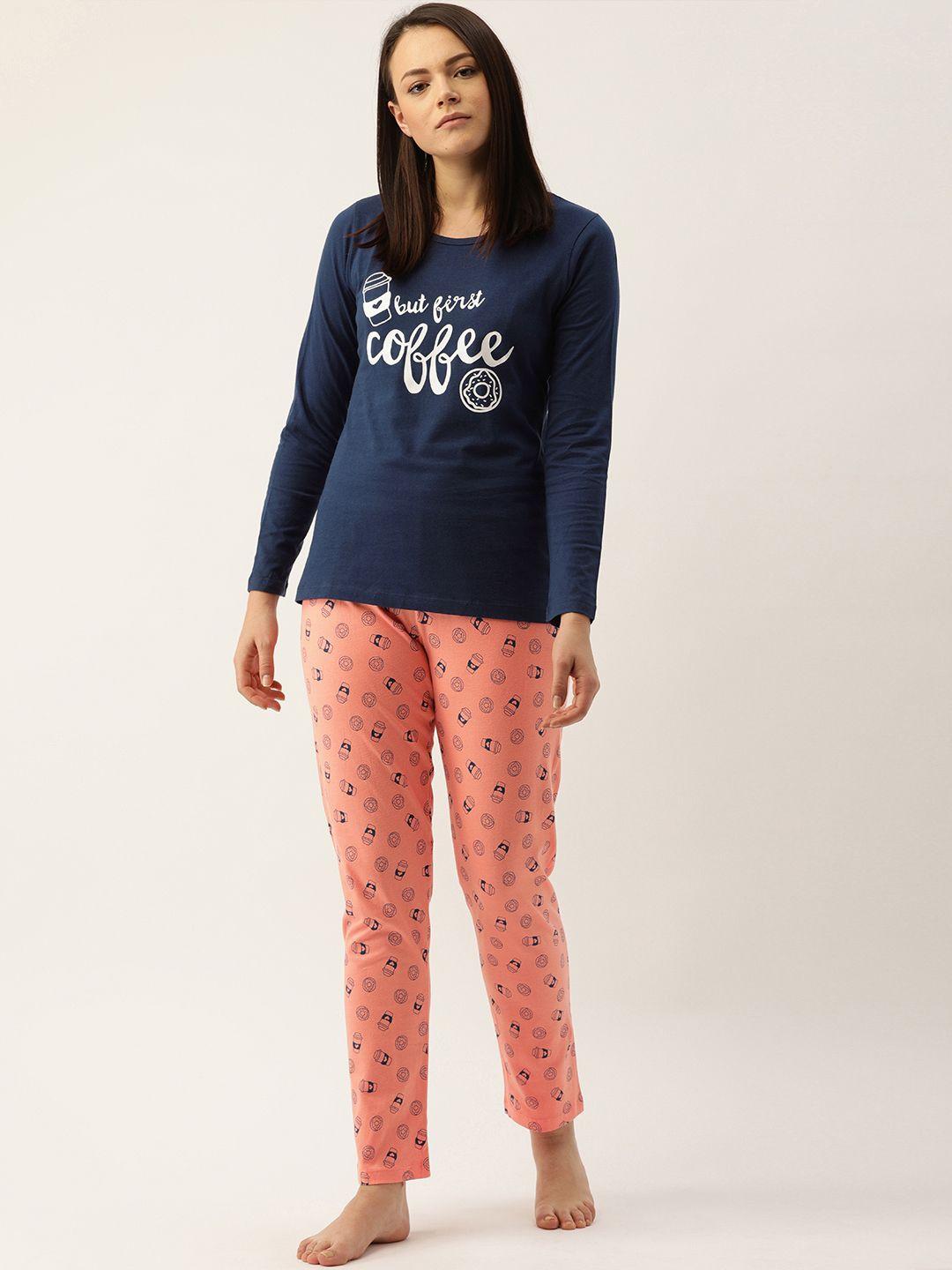 mackly women navy blue & peach-coloured coffee print pyjamas set