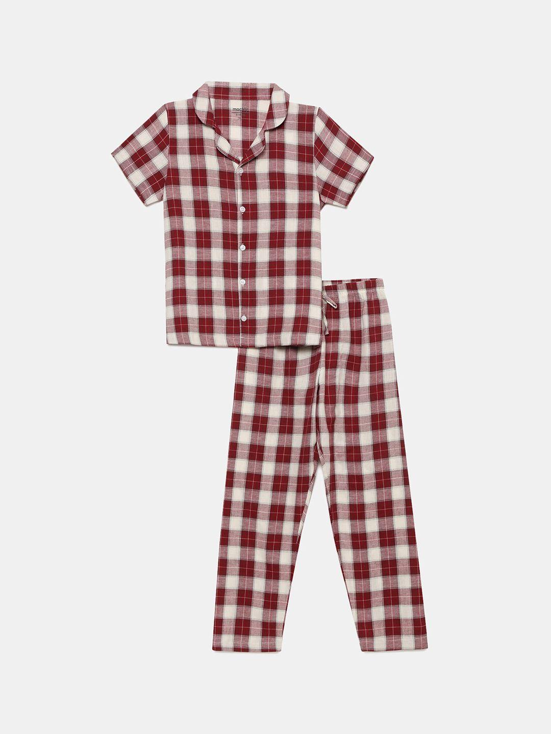 mackly boys maroon & white checked night suit