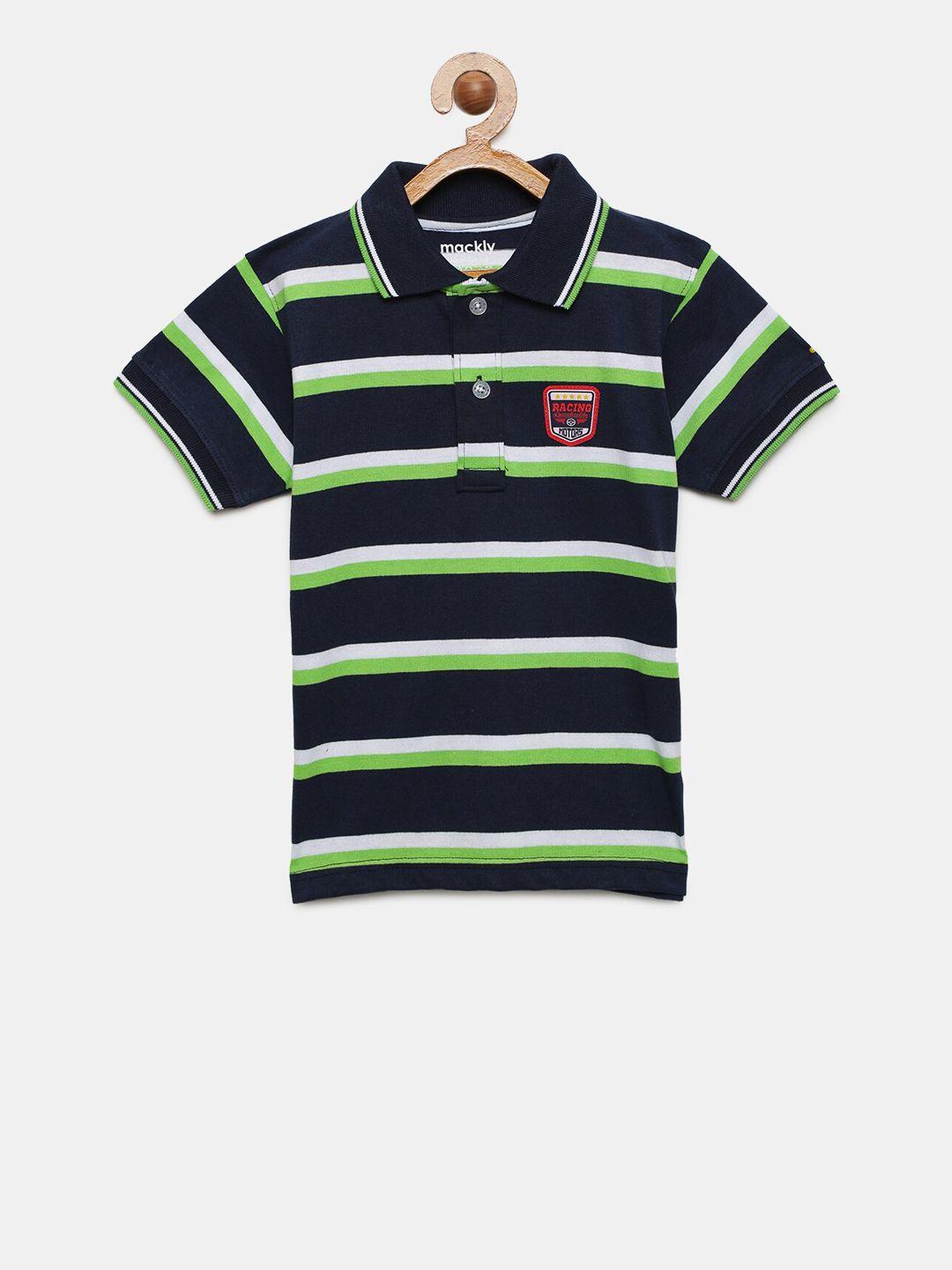 mackly boys navy blue & green striped polo lounge t-shirt