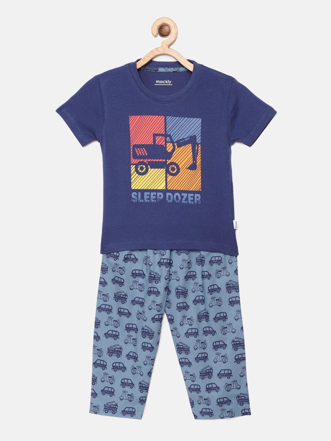 mackly boys navy blue & yellow printed night suit
