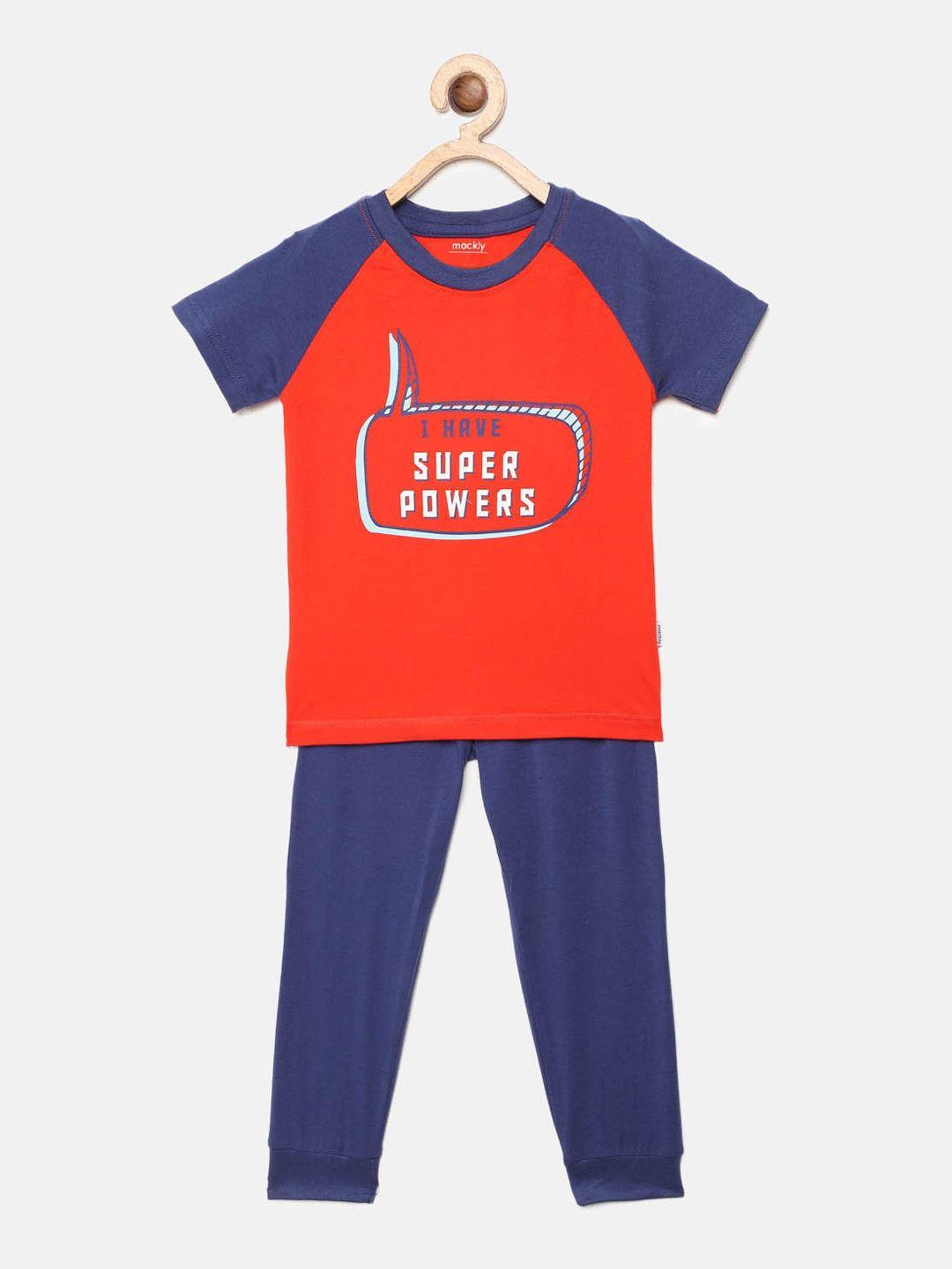 mackly boys red & navy blue printed night suit