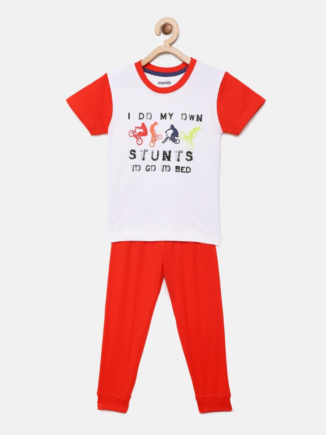 mackly boys white & orange printed night suit