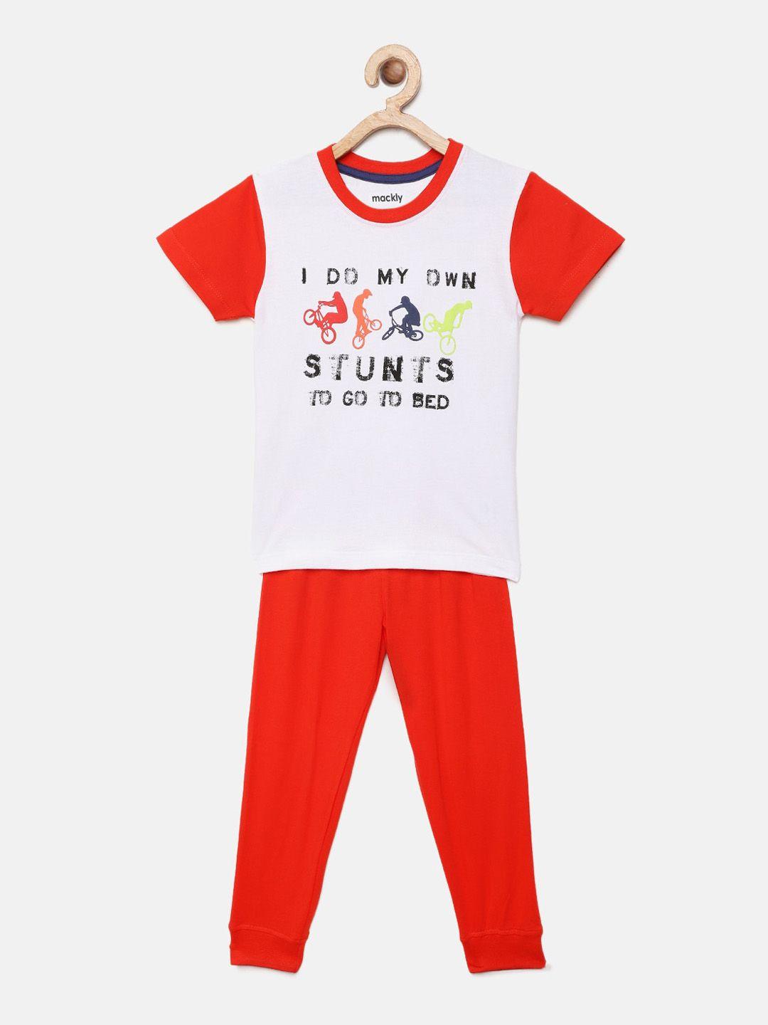 mackly boys white & red printed night suit