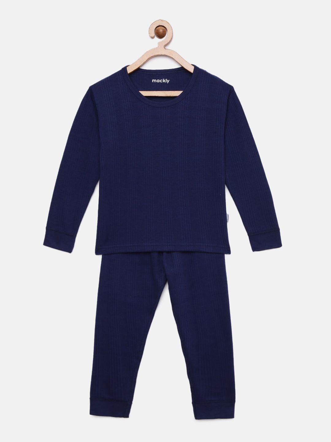 mackly kids navy blue solid thermal set