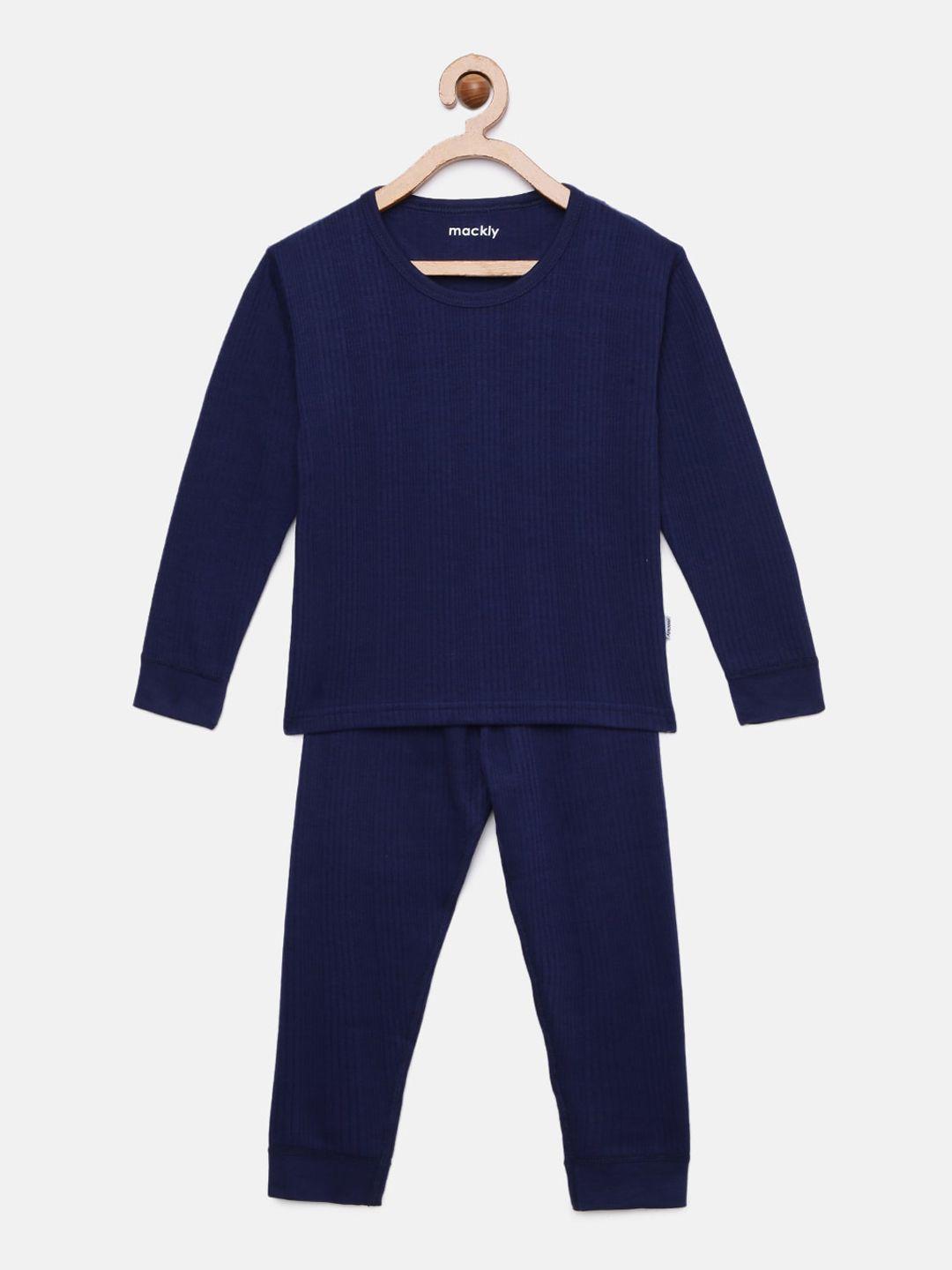 mackly kids navy blue striped ribbed thermal set