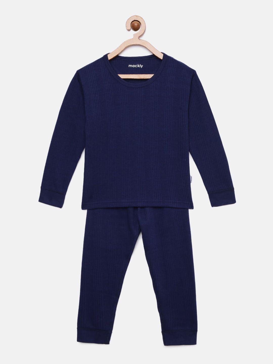 mackly kids navy blue striped thermal set