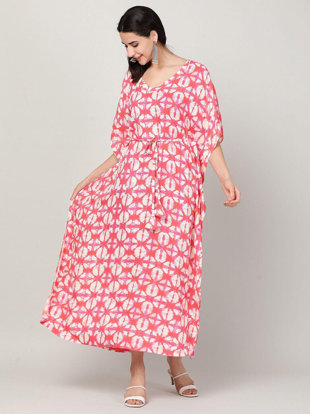mackly pink & white ethnic motifs kaftan maxi dress