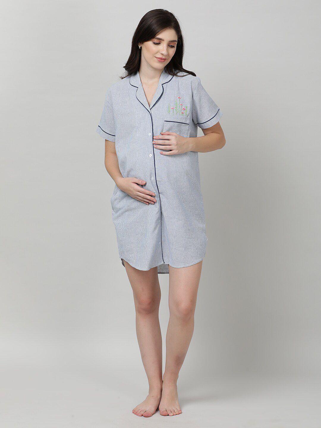 mackly striped embroidered maternity pure cotton shirt dress