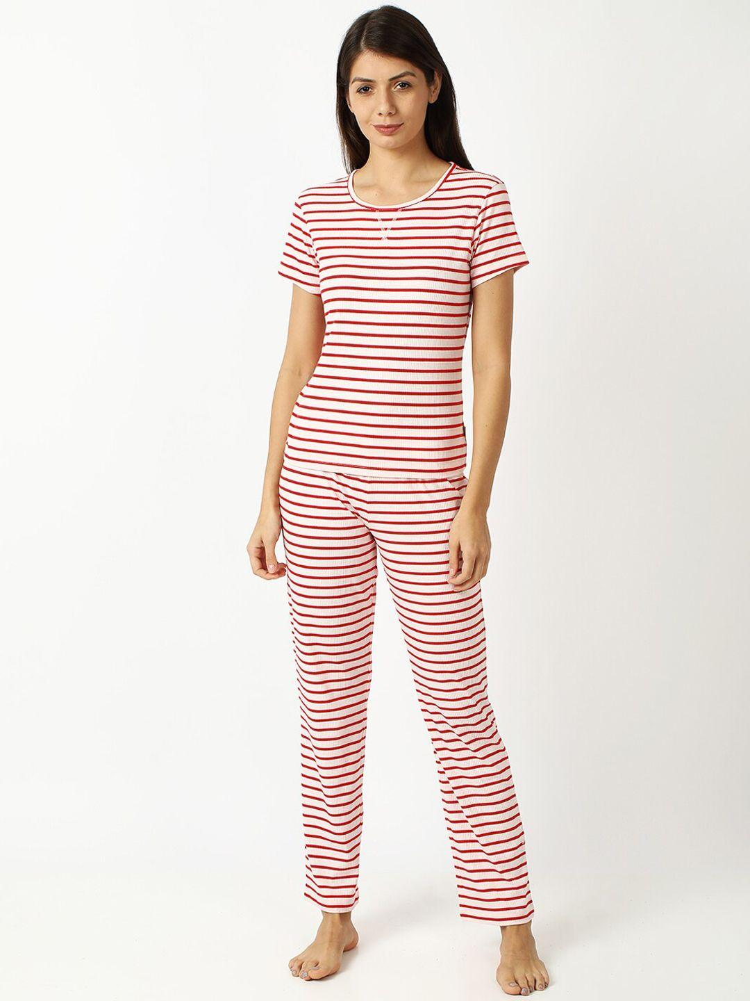 mackly women off-white & red striped night suit