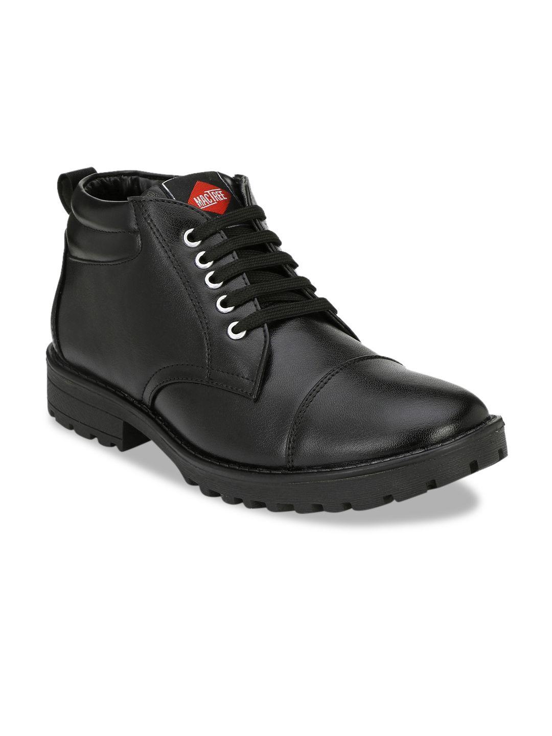 mactree men black solid synthetic leather mid-top flat boots