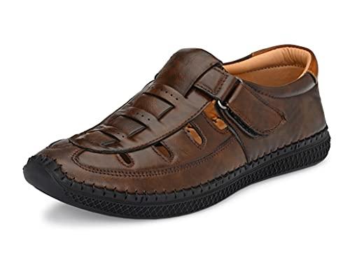 mactree men brown flexible-stitched sole premium hook & loop sandals for men r16-7