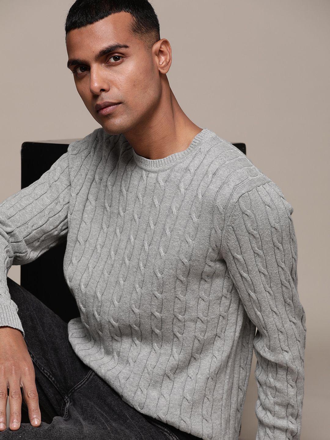 macy's club room men grey melange cable knit pure cotton pullover