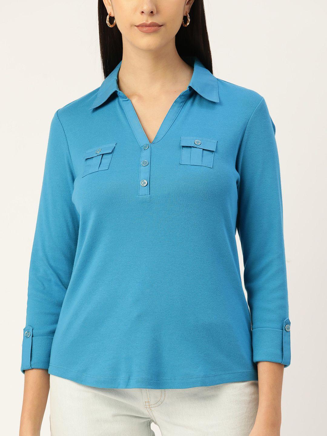 macy's karen scott blue roll-up sleeves shirt style top