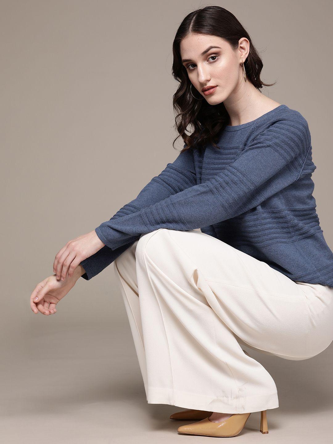 macy's karen scott women blue self striped raglan sleeves pure cotton pullover