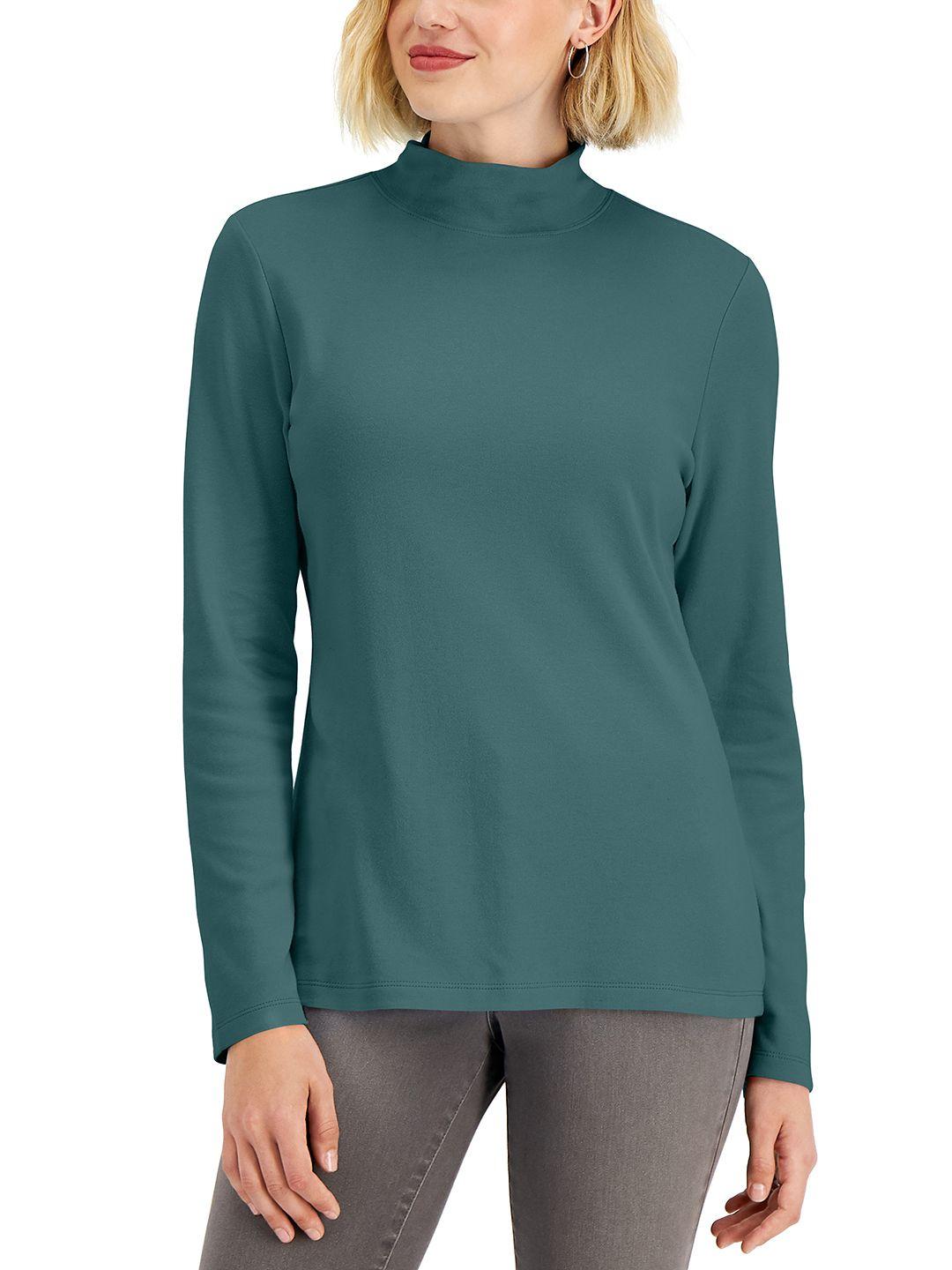 macy's karen scott women green solid pure cotton high-neck top