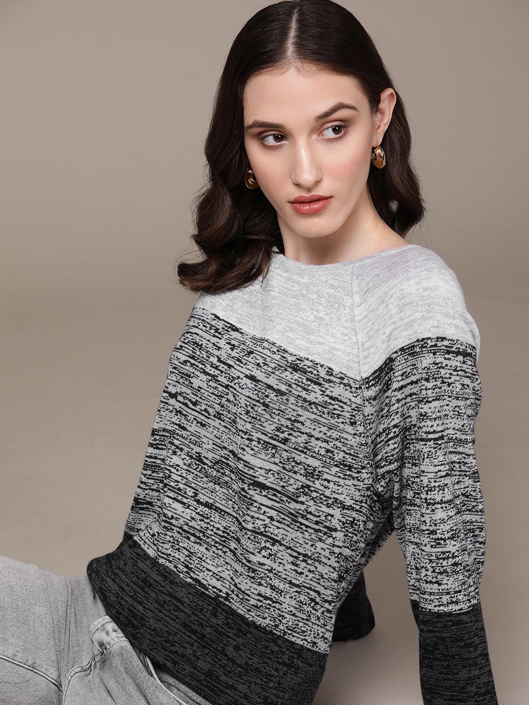 macy's karen scott women grey melange & black colourblocked cotton pullover