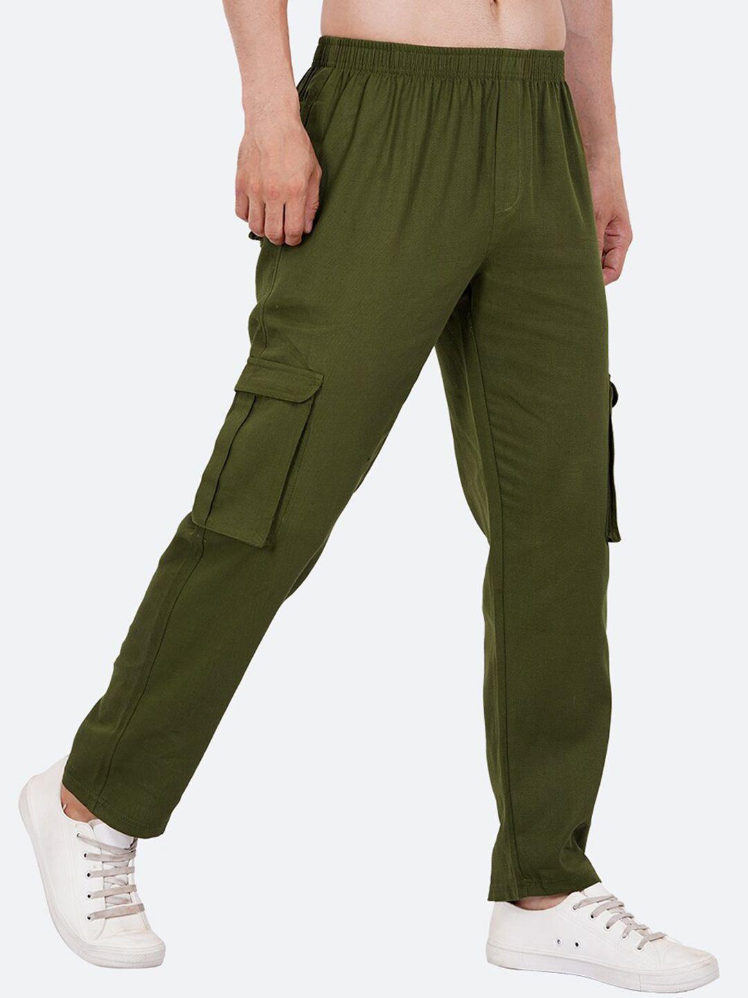 mad over print men olive green relaxed loose fit cargos trousers