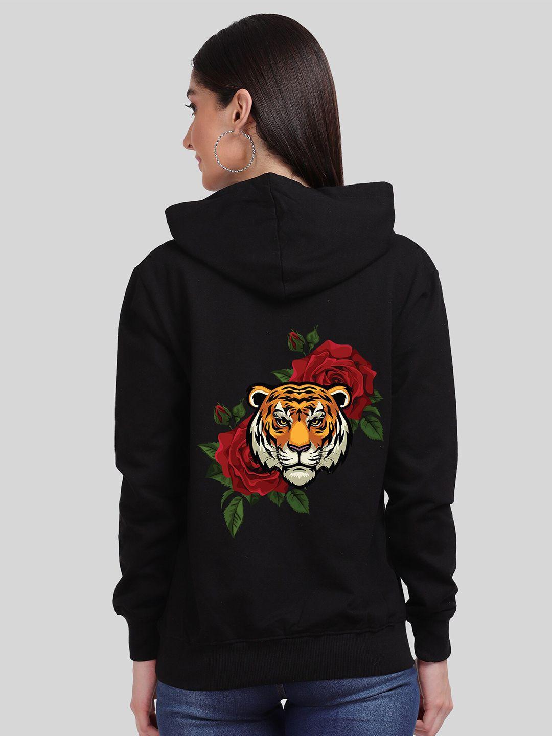 mad over print women black printed hooded sweatshirt