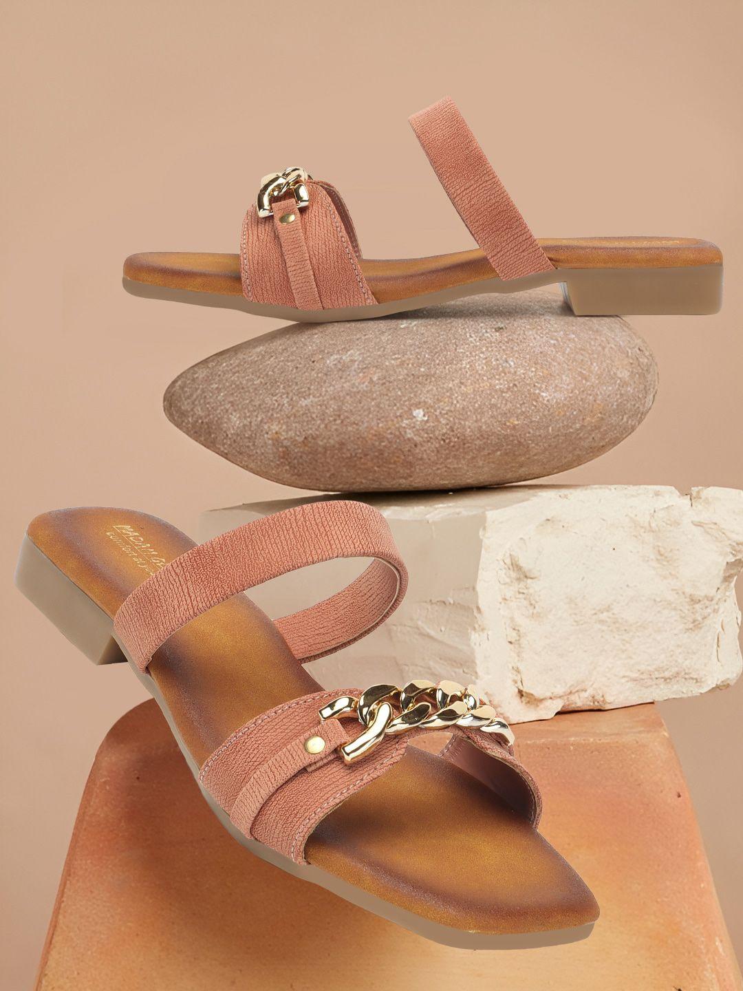 madam glorious women peach-coloured printed mules with bows flats