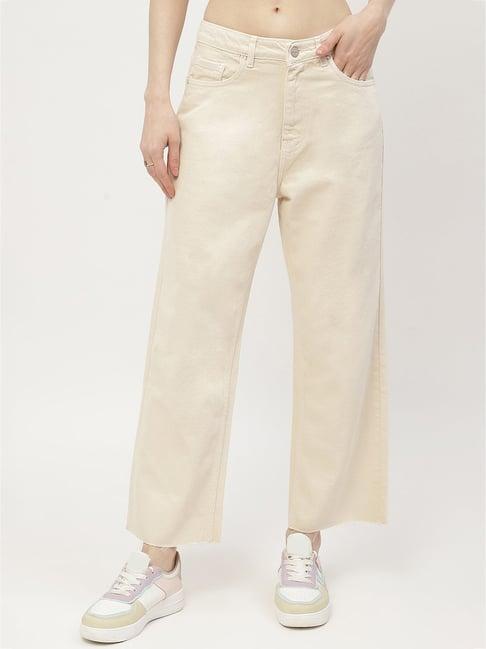 madame beige cotton relaxed fit mid rise jeans