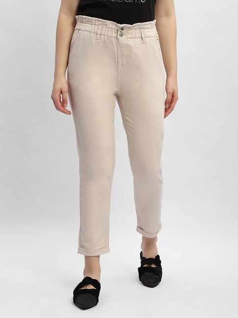 madame beige cotton straight fit mid rise pants
