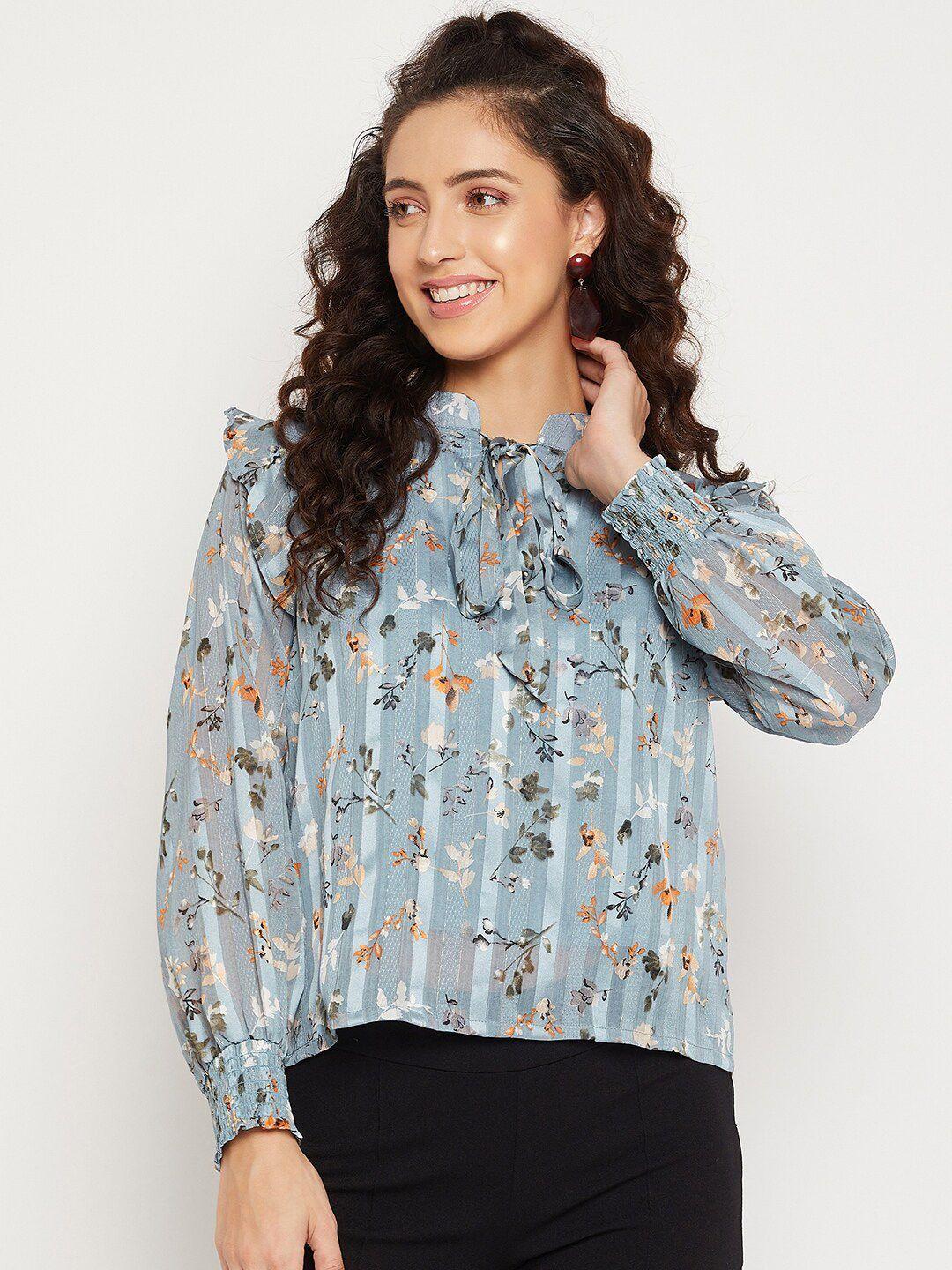 madame blue floral print tie-up neck polyester top
