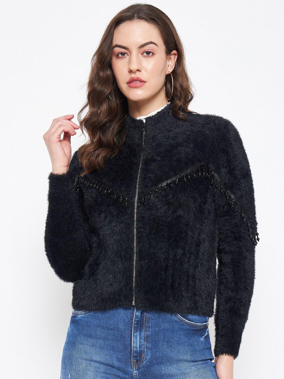 madame boucle mock collar long sleeves embellished pullover sweater