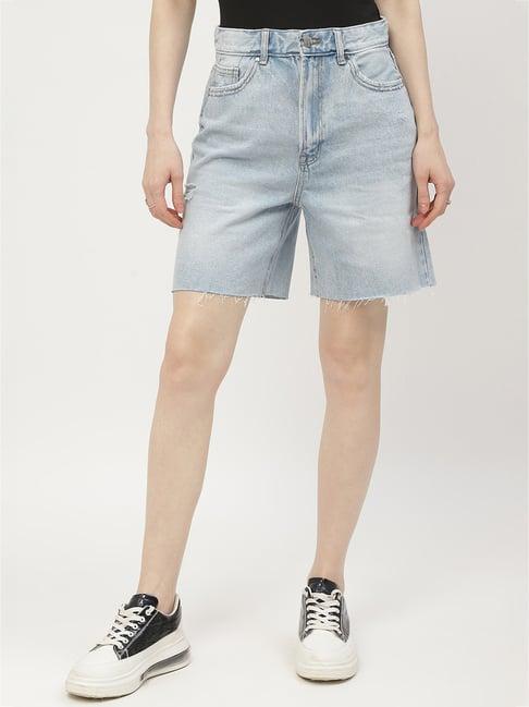 madame light blue cotton regular fit shorts