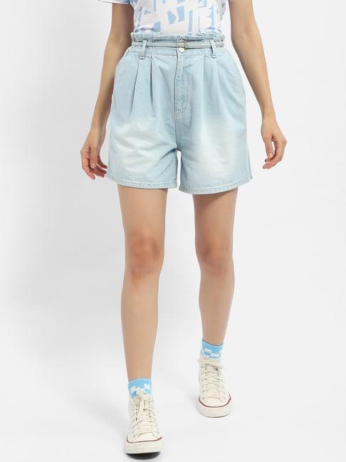madame light blue cotton regular fit shorts