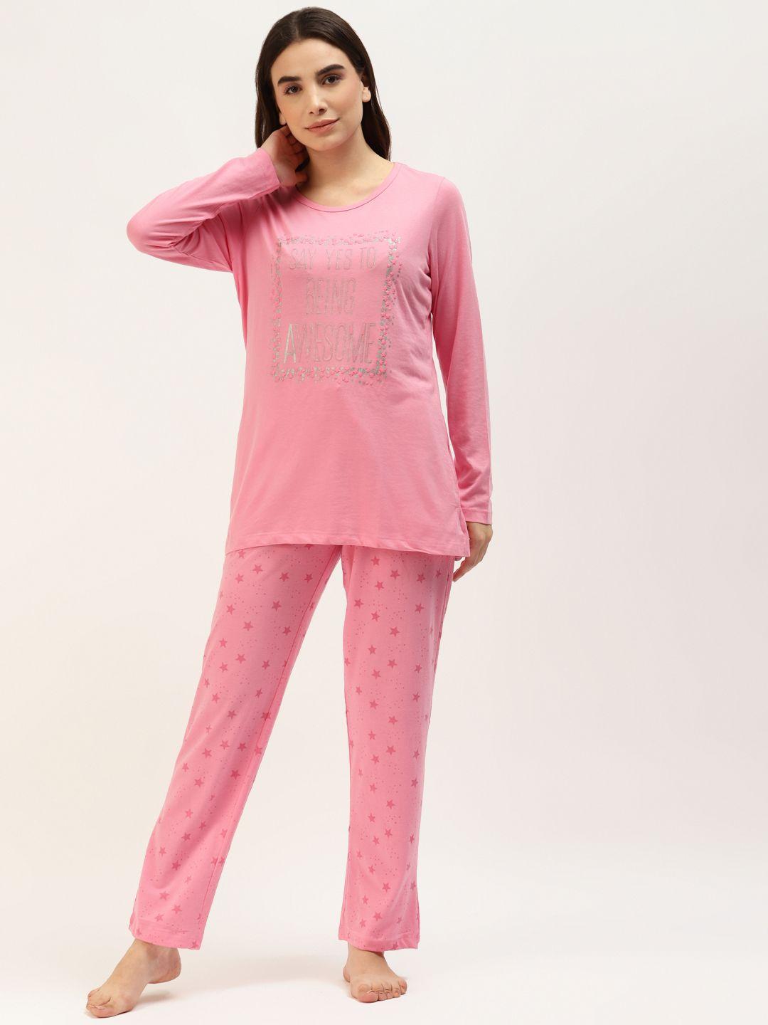 madame m secret women pink printed pyjama set