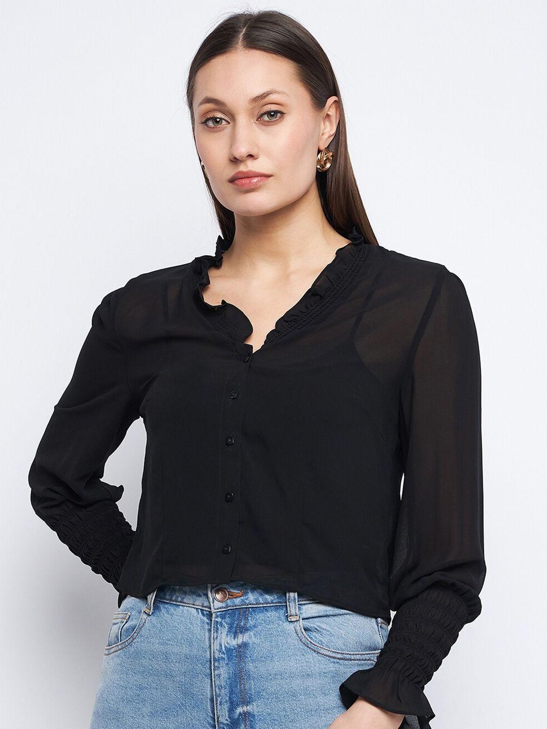 madame v-neck cuffed sleeves ruffles detail shirt style top