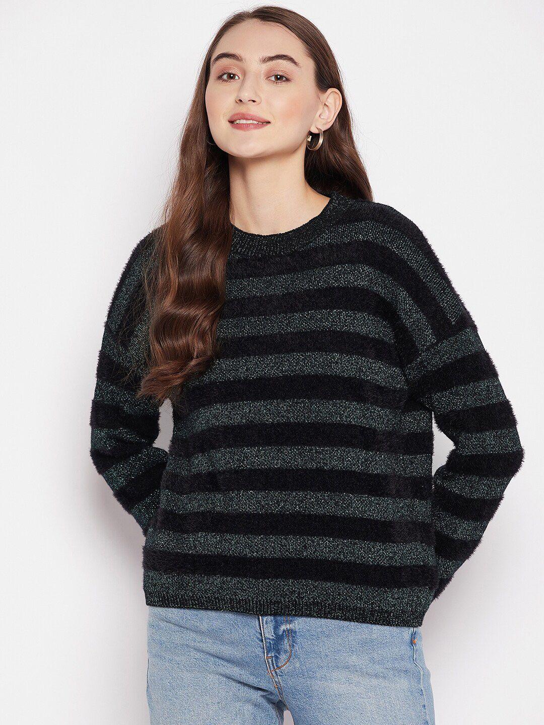 madame women black & gunmetal-toned striped woolen pullover
