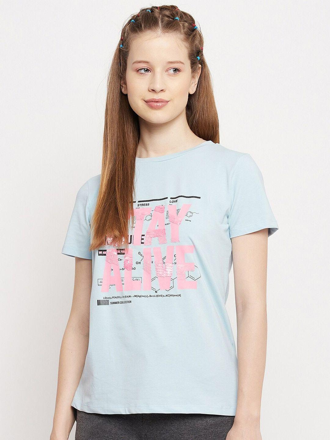 madame women blue & pink typography printed cotton t-shirt