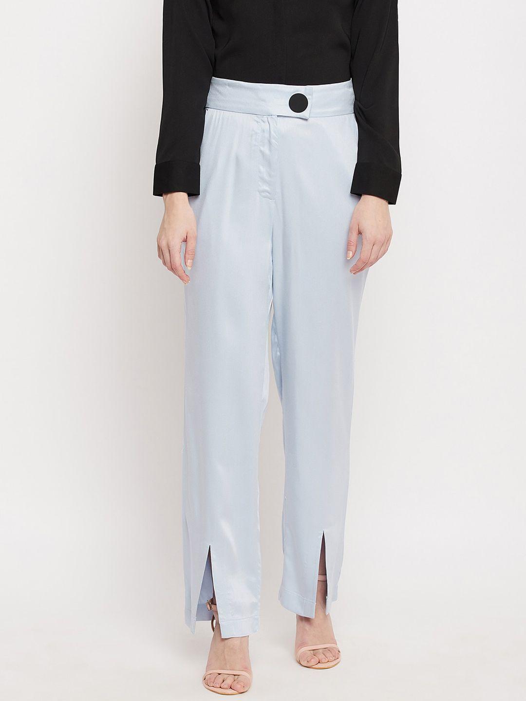 madame women blue flared pleated trousers