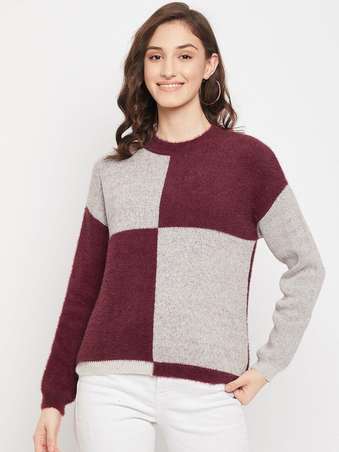 madame women maroon & grey colourblocked pullover with fuzzy detail
