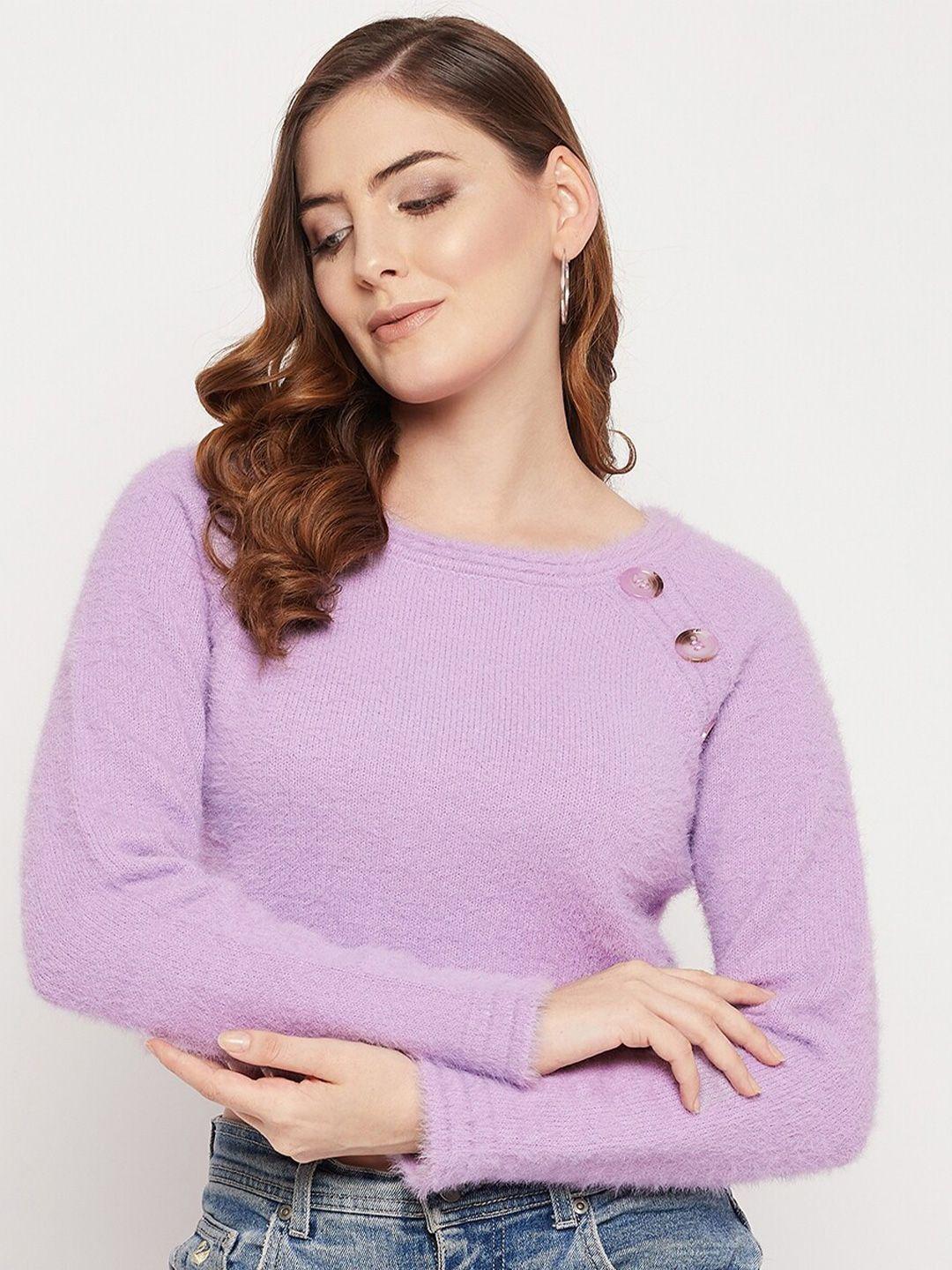 madame women mauve ribbed woolen crop pullover with fuzzy detail