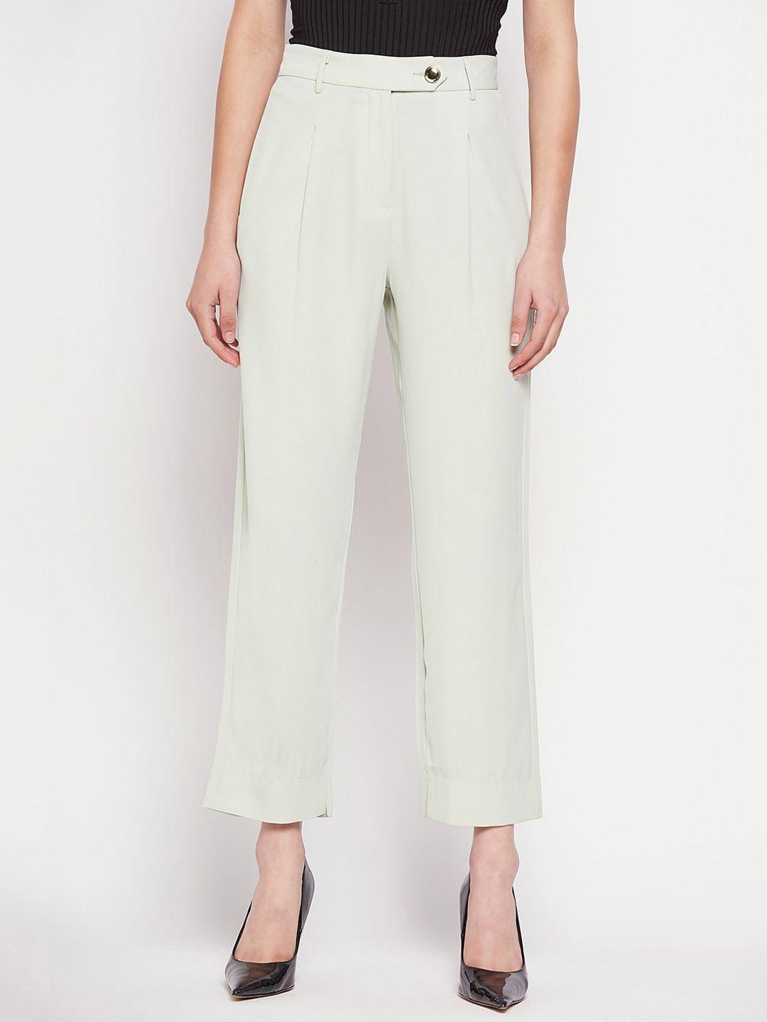 madame women mid rise cropped pleated straight fit trousers