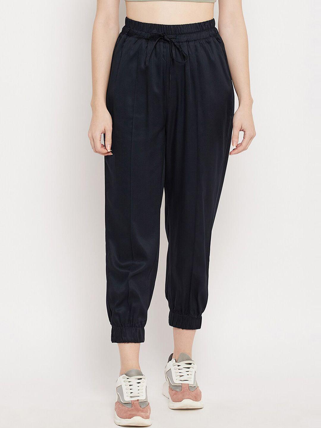 madame women navy blue solid cotton joggers