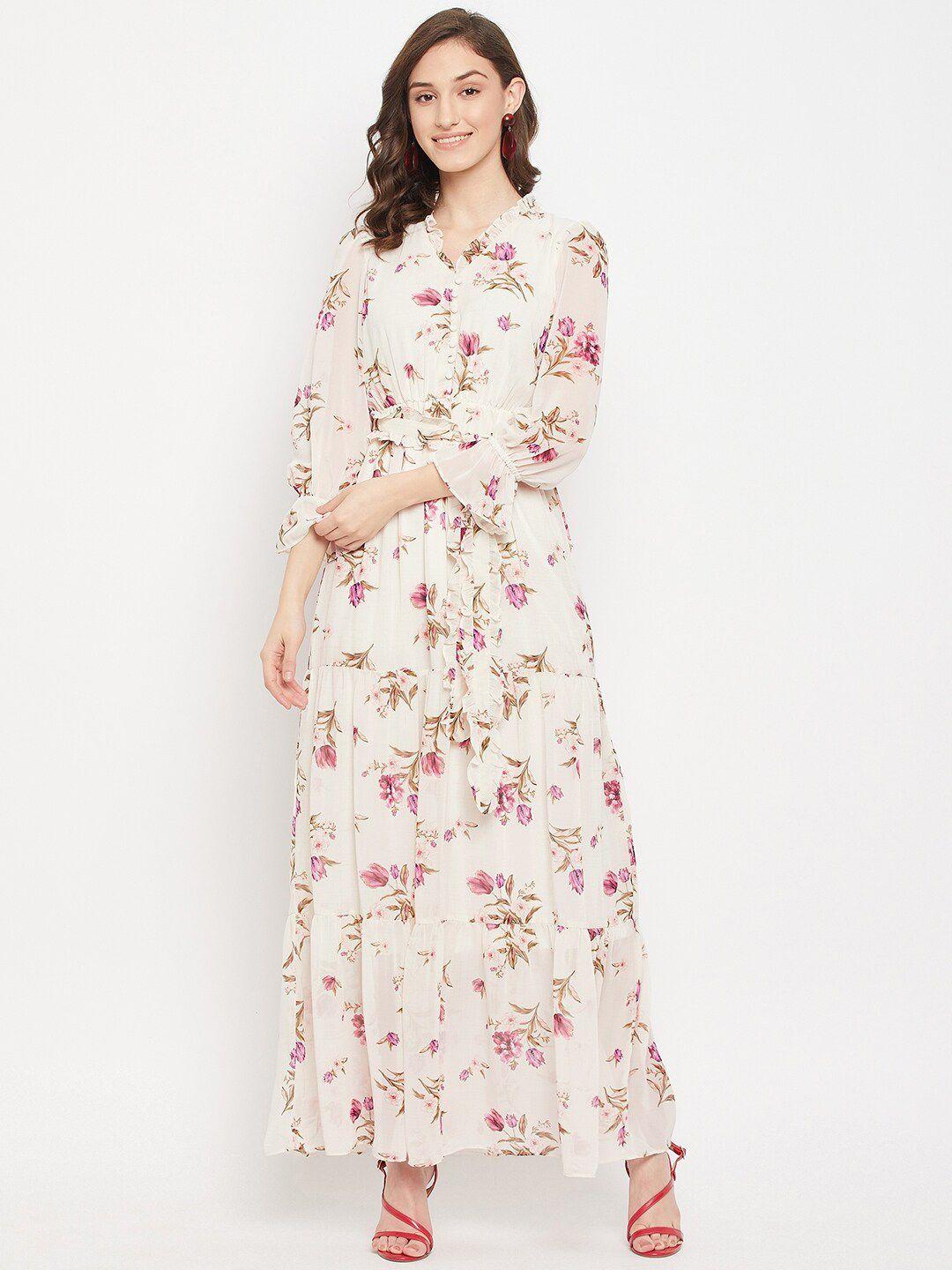 madame women off white & pink floral maxi maxi dress
