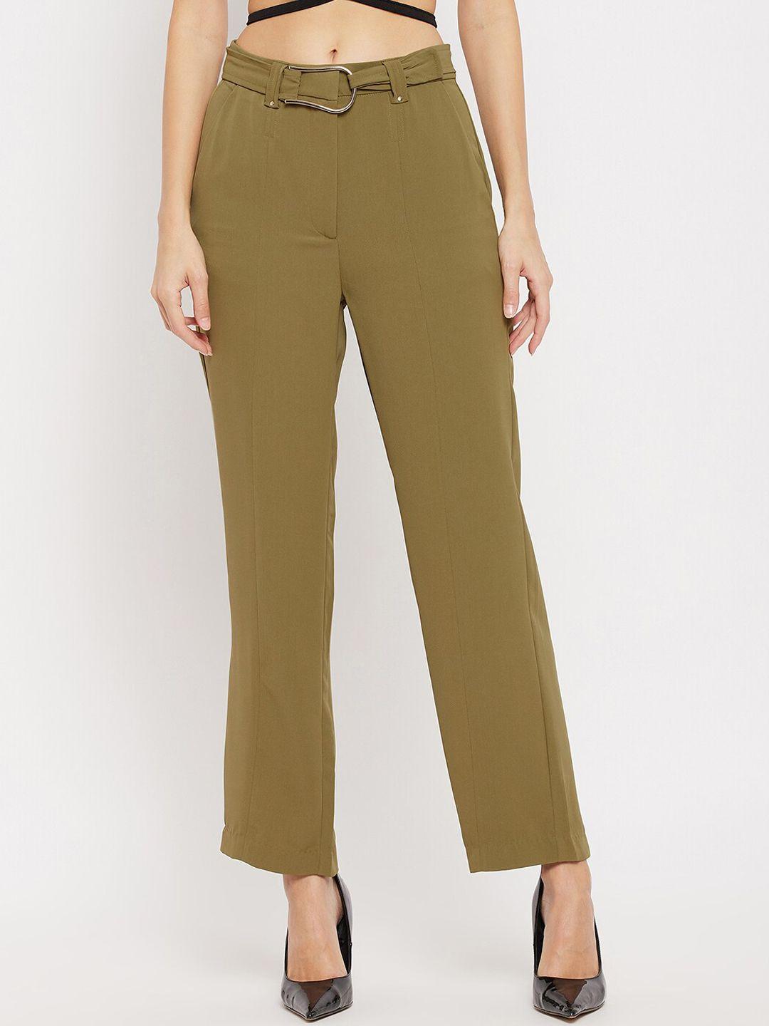 madame women olive green parallel trouser