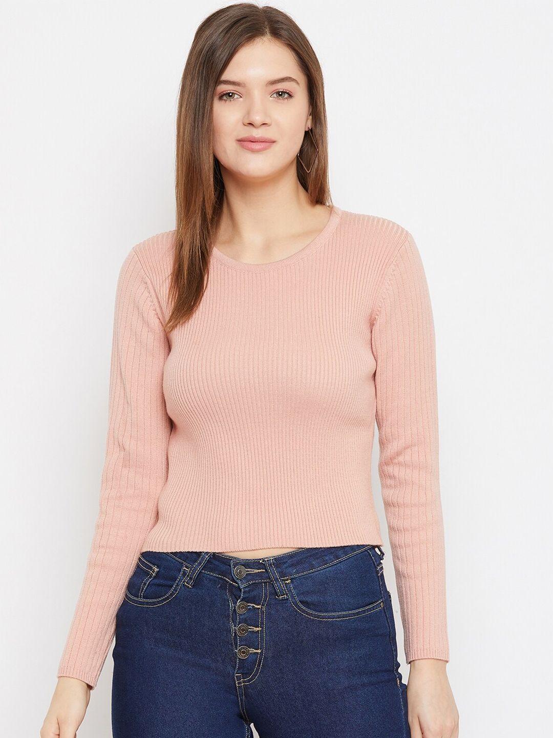 madame women pink ribbed crop pullover