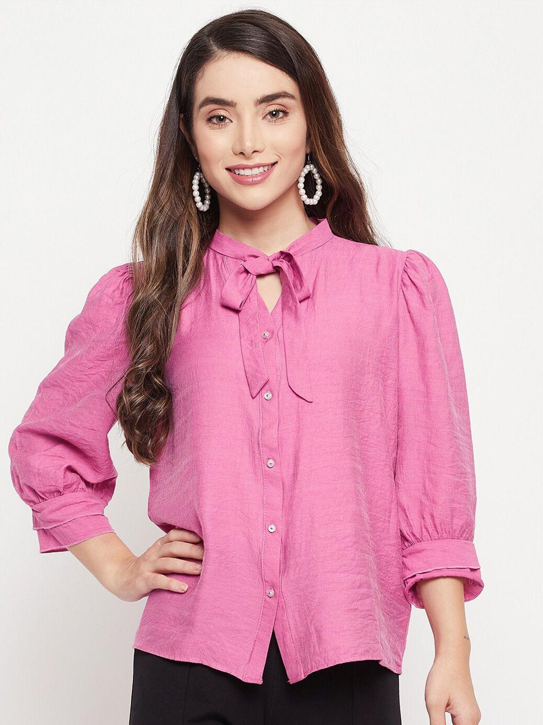 madame women purple solid tie up neck casual shirt