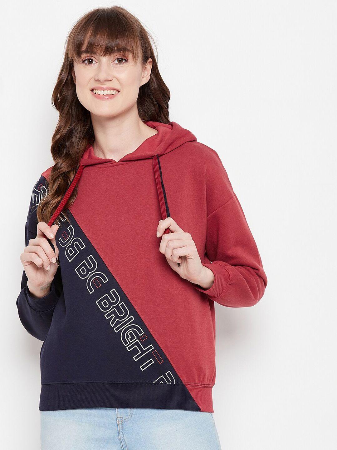 madame women red & navy blue colourblocked hooded sweatshirt