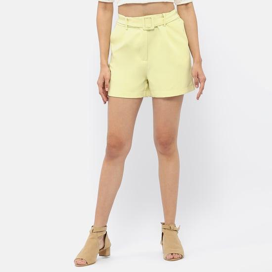 madame women solid belted shorts